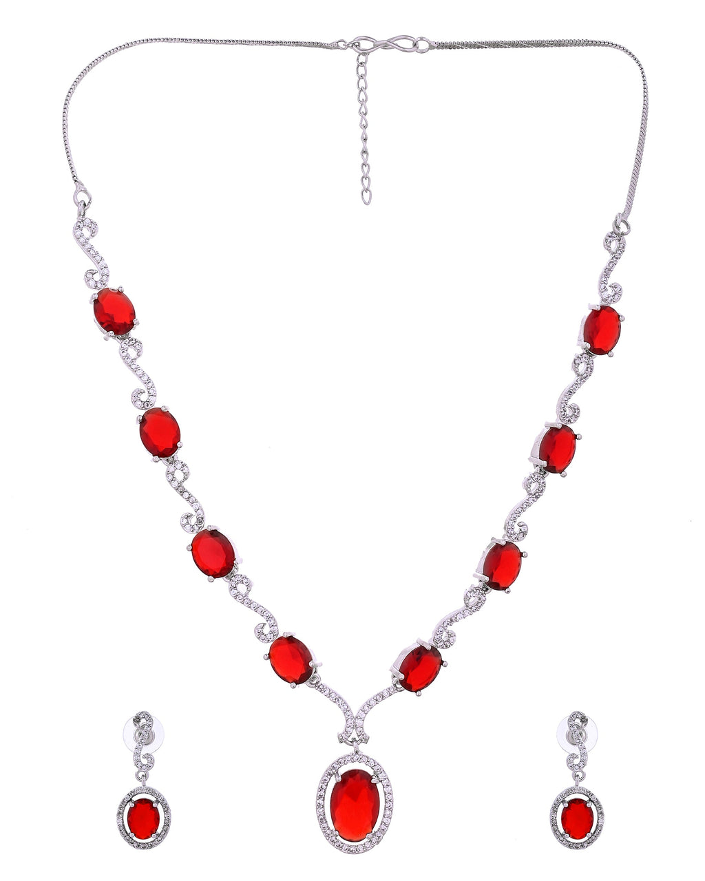 VOJ Silver Plated Oval Ruby Red Stone Studded Ad Jewellery Set | Grocsy