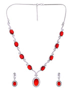 VOJ Silver Plated Oval Ruby Red Stone Studded Ad Jewellery Set | Grocsy