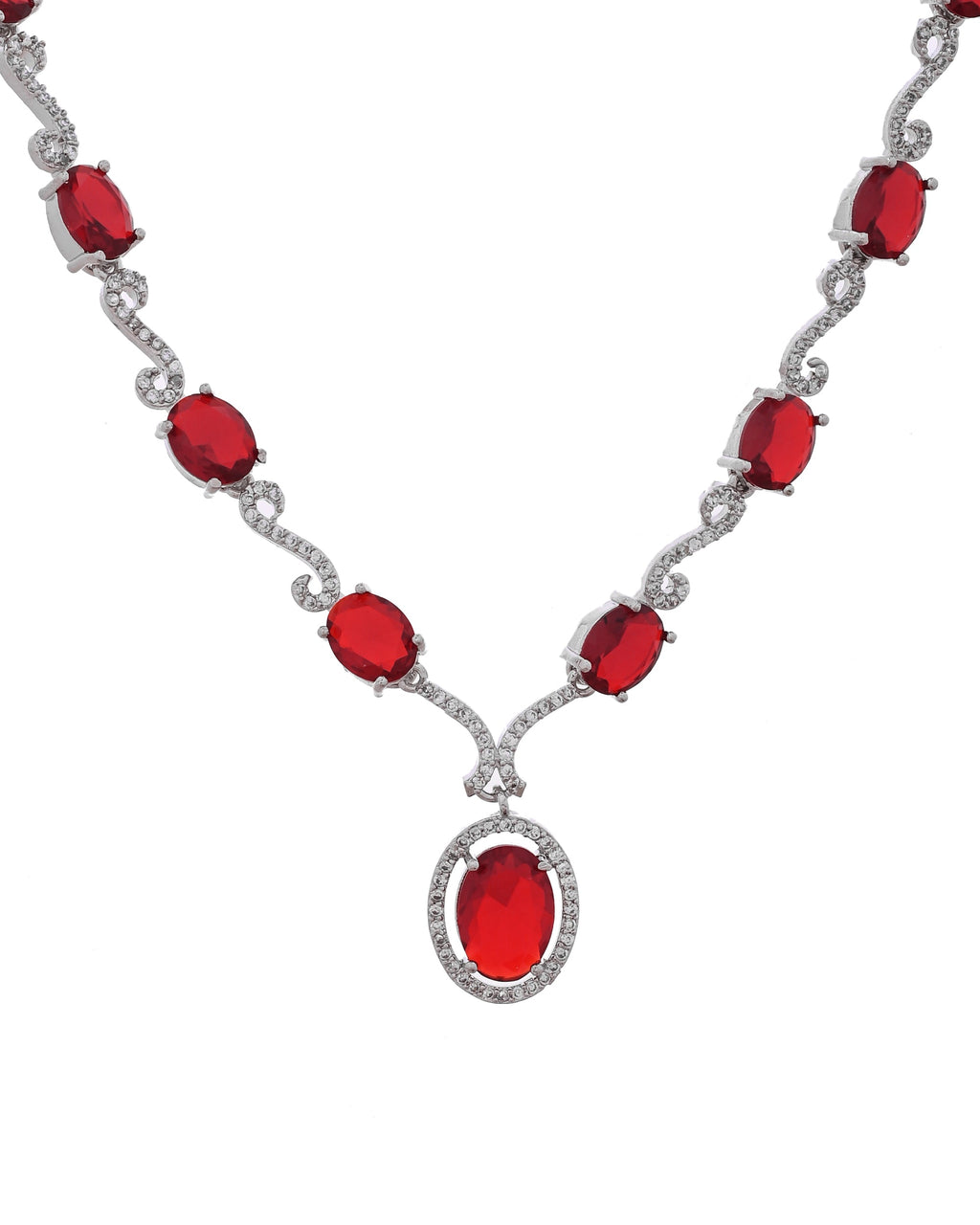 VOJ Silver Plated Oval Ruby Red Stone Studded Ad Jewellery Set | Grocsy