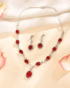 VOJ Silver Plated Oval Ruby Red Stone Studded Ad Jewellery Set | Grocsy
