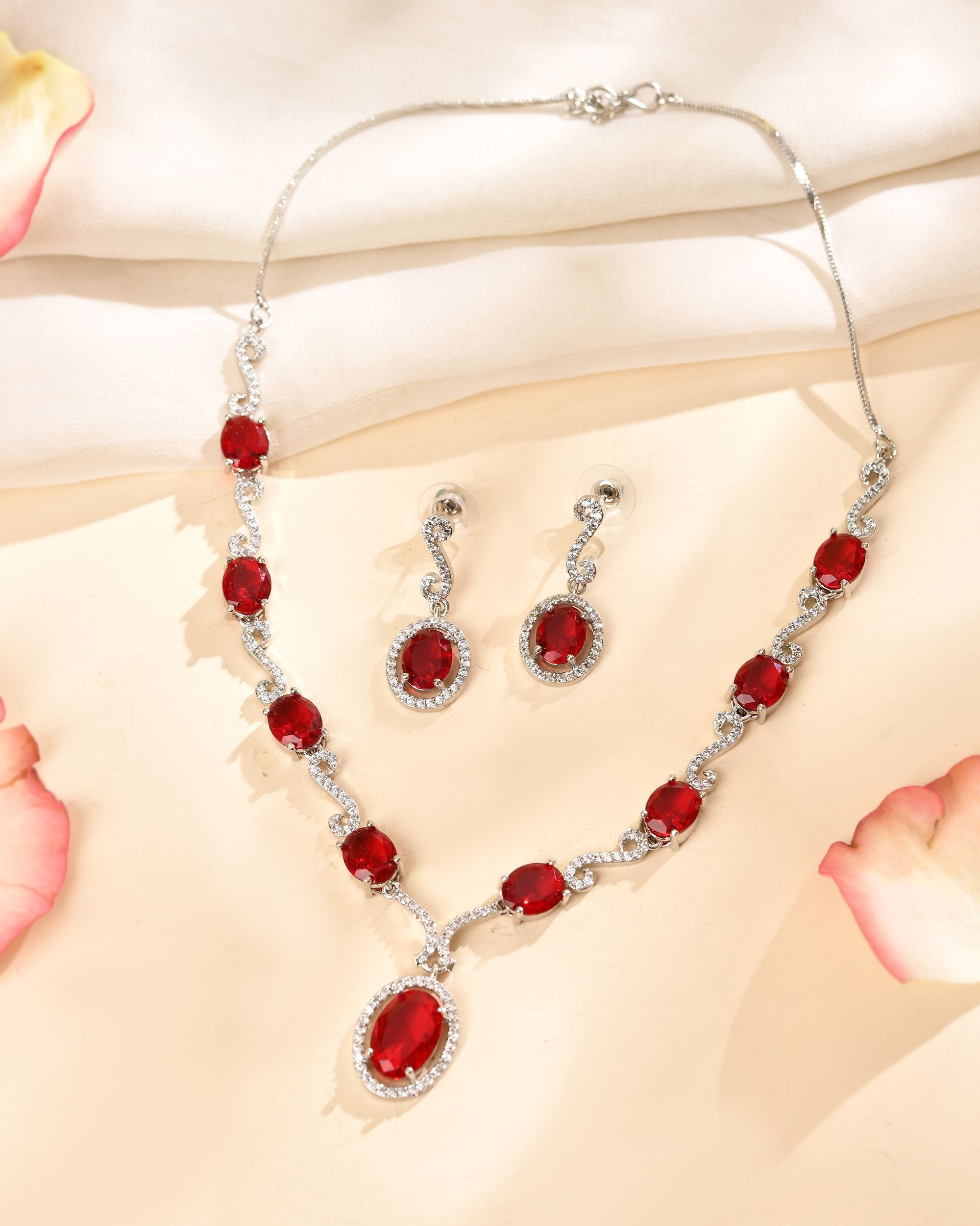 VOJ Silver Plated Oval Ruby Red Stone Studded Ad Jewellery Set | Grocsy