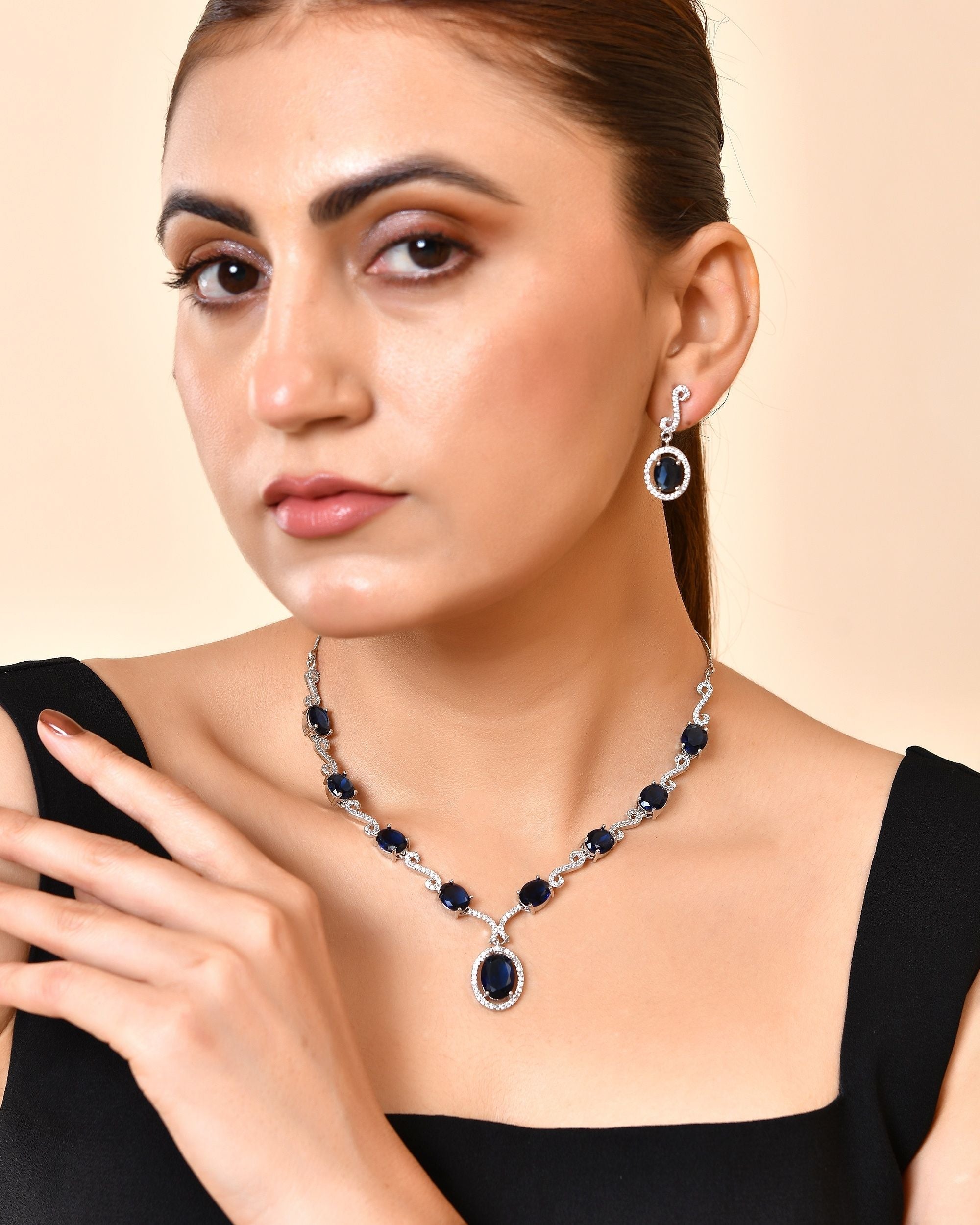 VOJ Silver Plated Oval Blue Stone Studded Ad Jewellery Set | Grocsy