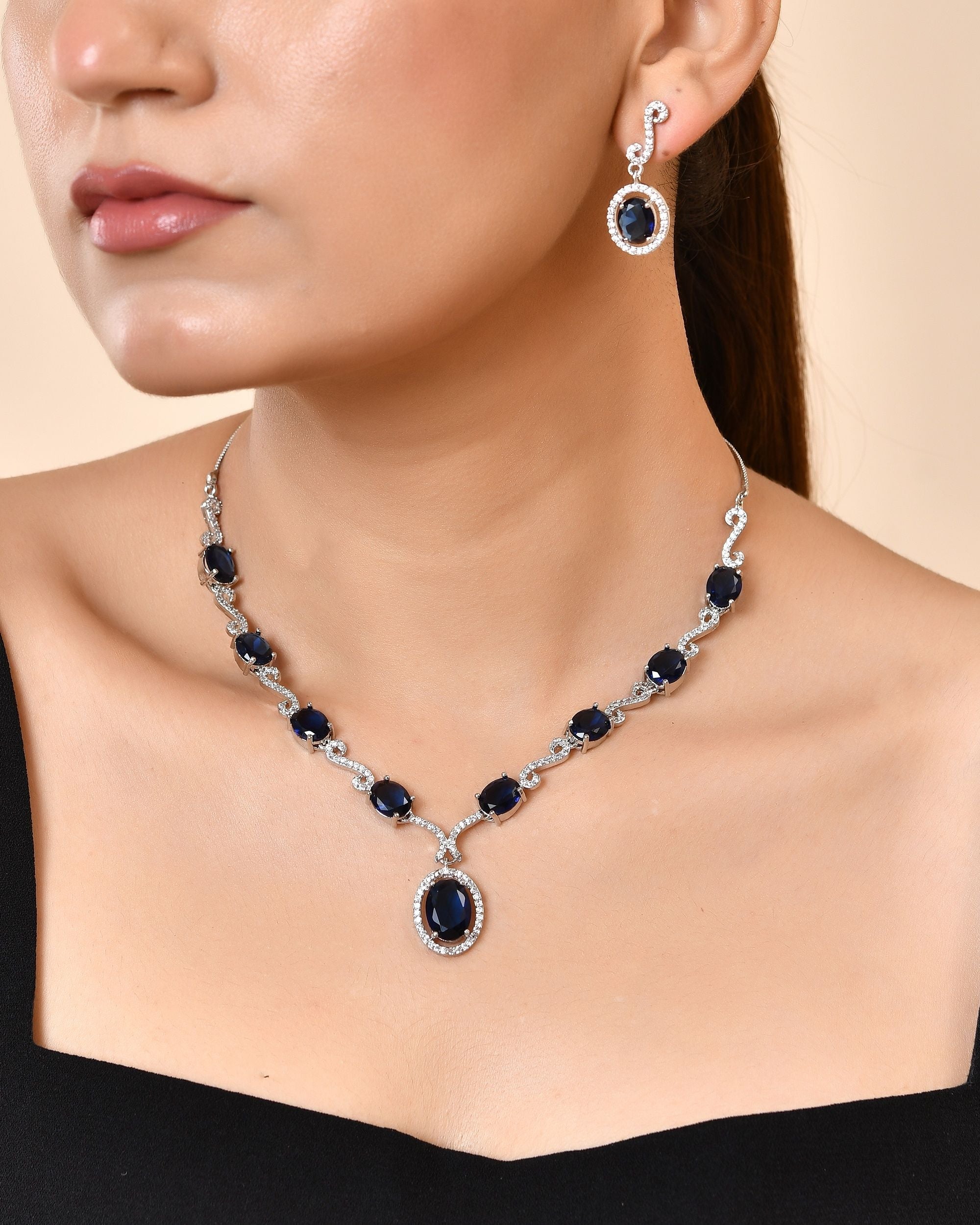 VOJ Silver Plated Oval Blue Stone Studded Ad Jewellery Set | Grocsy