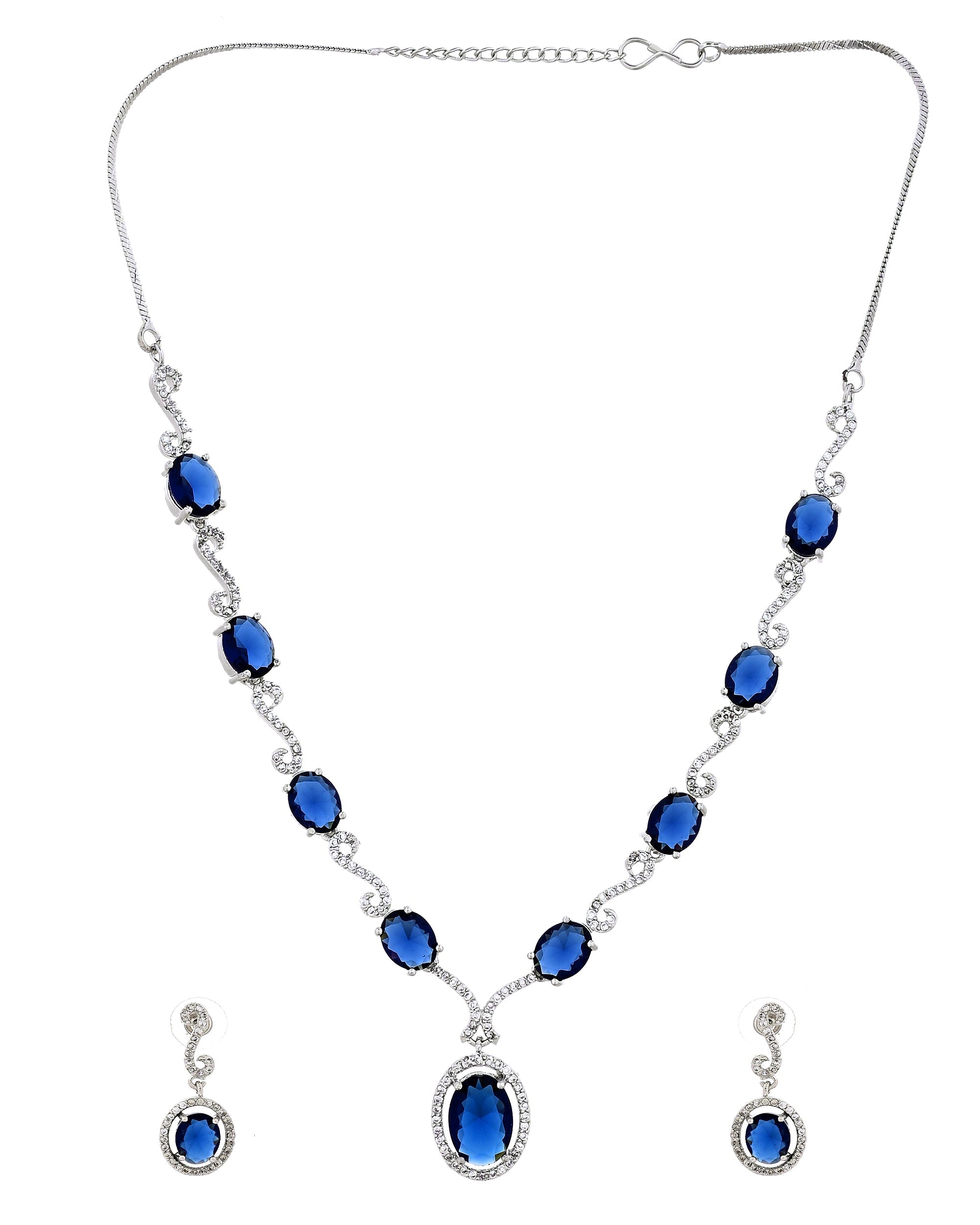 VOJ Silver Plated Oval Blue Stone Studded Ad Jewellery Set | Grocsy