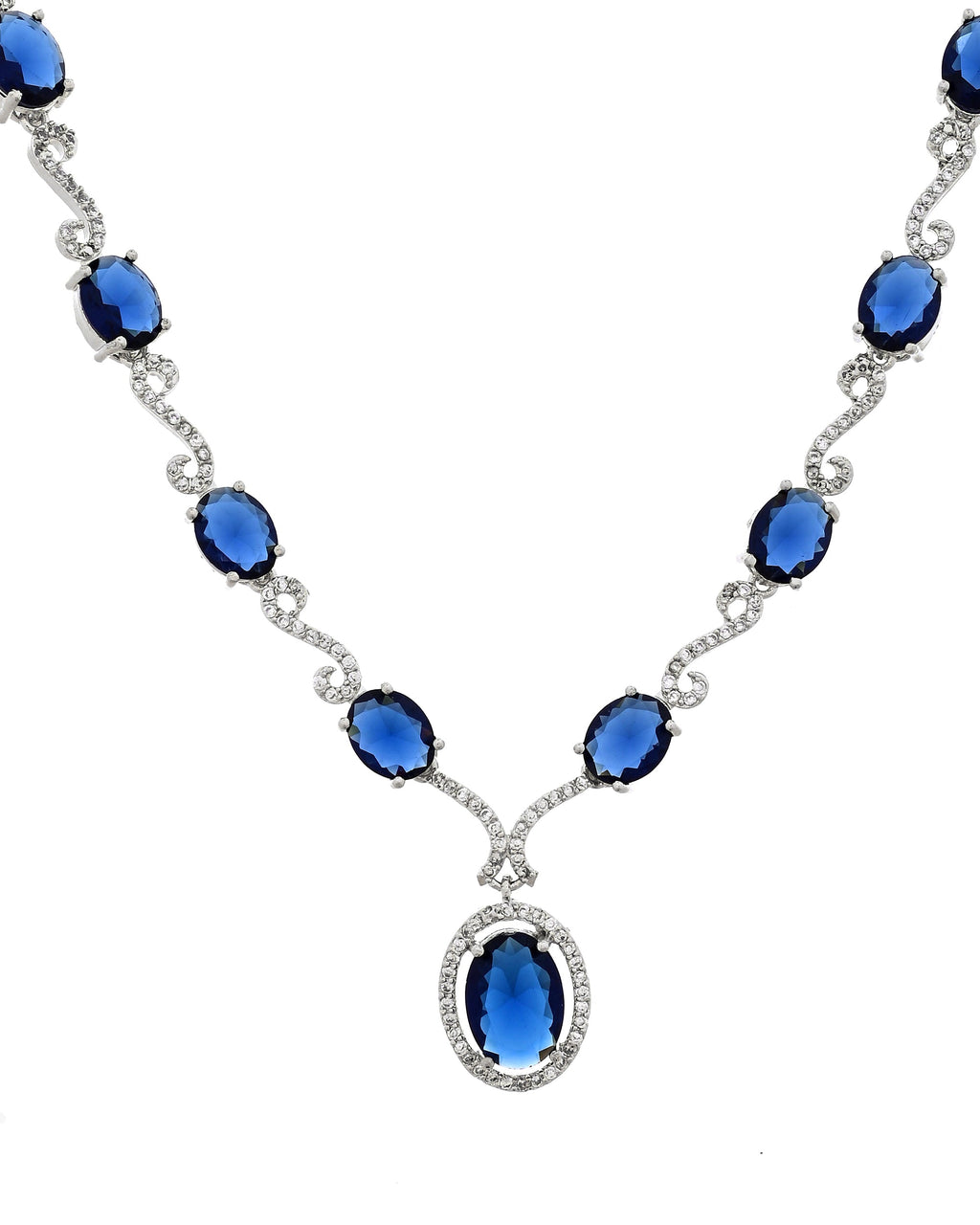 VOJ Silver Plated Oval Blue Stone Studded Ad Jewellery Set | Grocsy