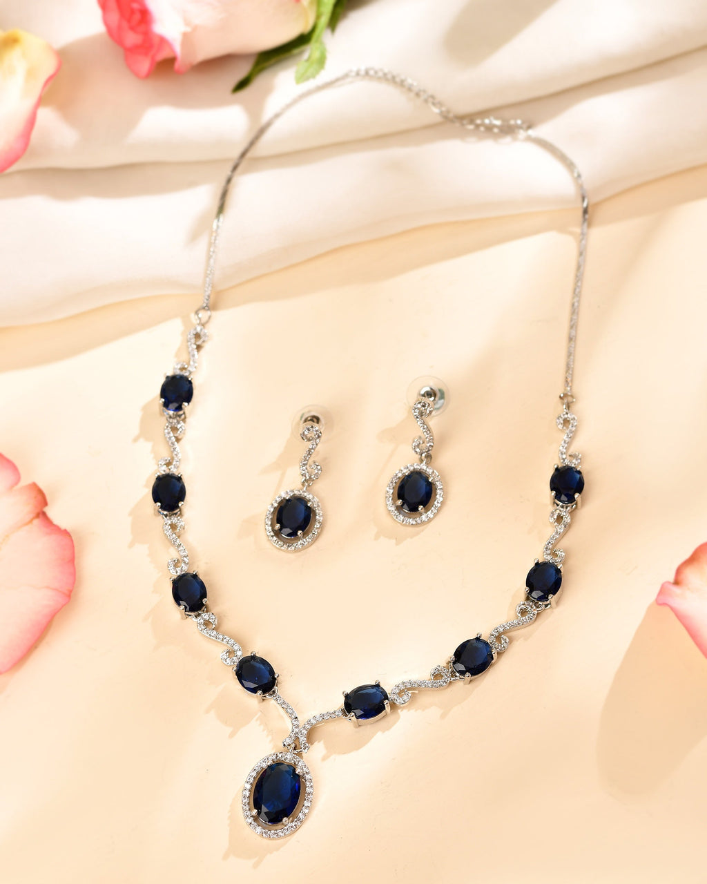 VOJ Silver Plated Oval Blue Stone Studded Ad Jewellery Set | Grocsy