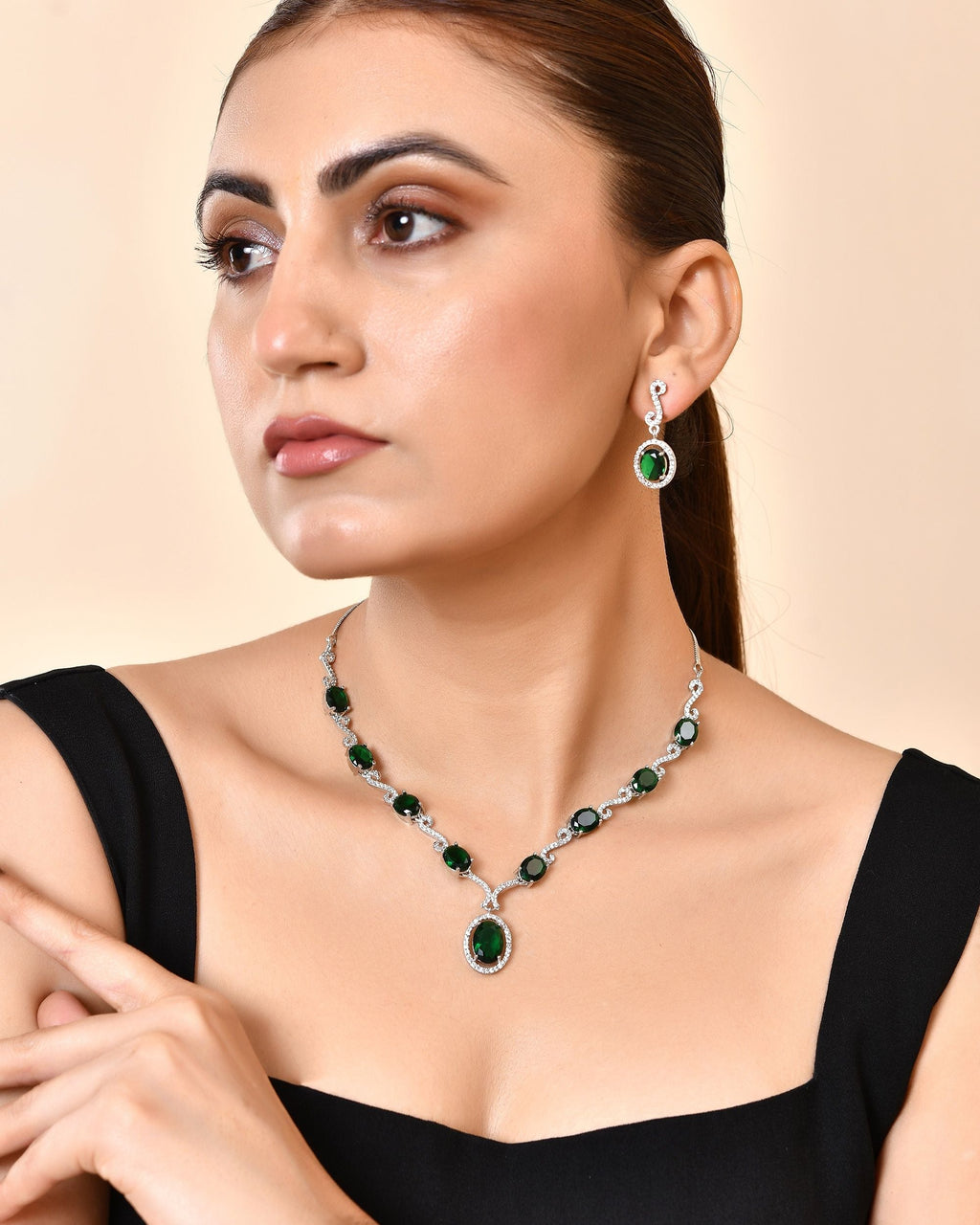 VOJ Silver Plated Oval Green Stone Studded Ad Jewellery Set | Grocsy