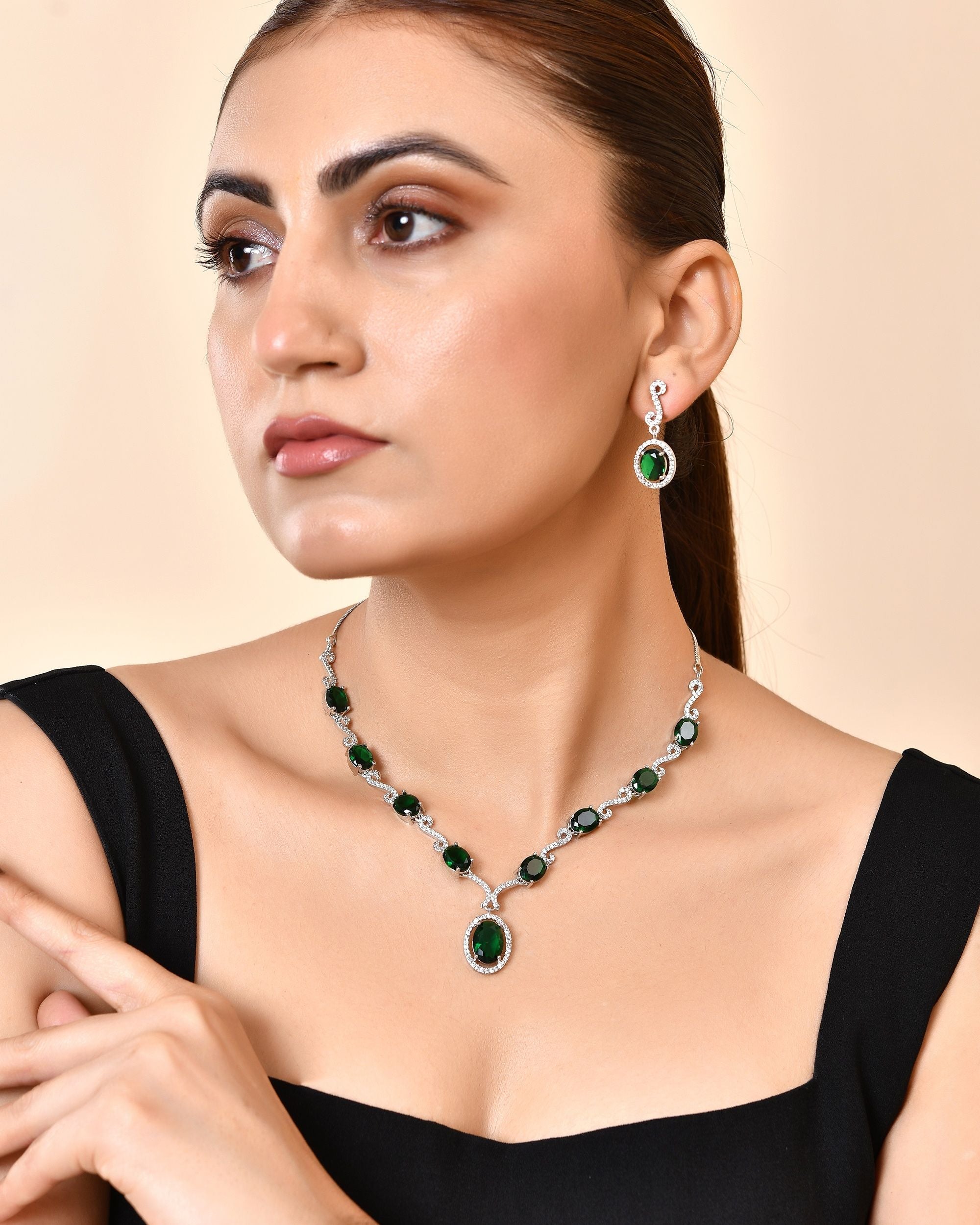 VOJ Silver Plated Oval Green Stone Studded Ad Jewellery Set | Grocsy