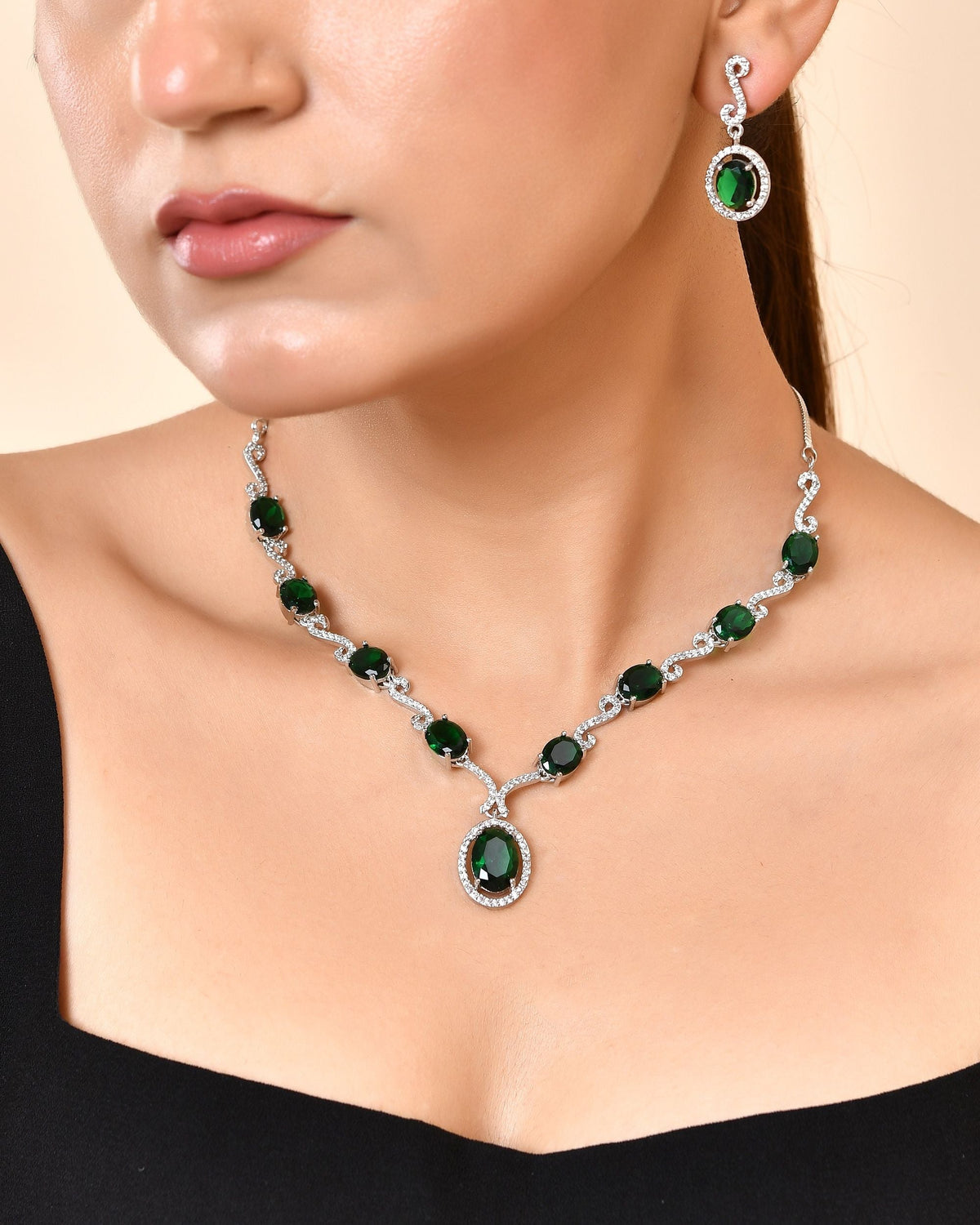 VOJ Silver Plated Oval Green Stone Studded Ad Jewellery Set | Grocsy