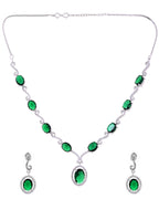 VOJ Silver Plated Oval Green Stone Studded Ad Jewellery Set | Grocsy
