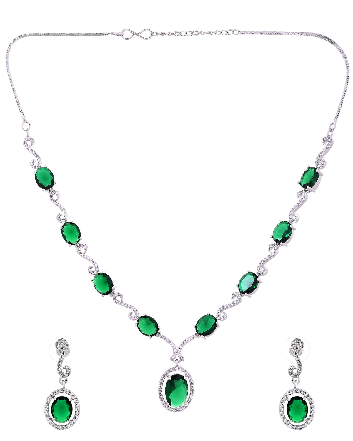 VOJ Silver Plated Oval Green Stone Studded Ad Jewellery Set | Grocsy