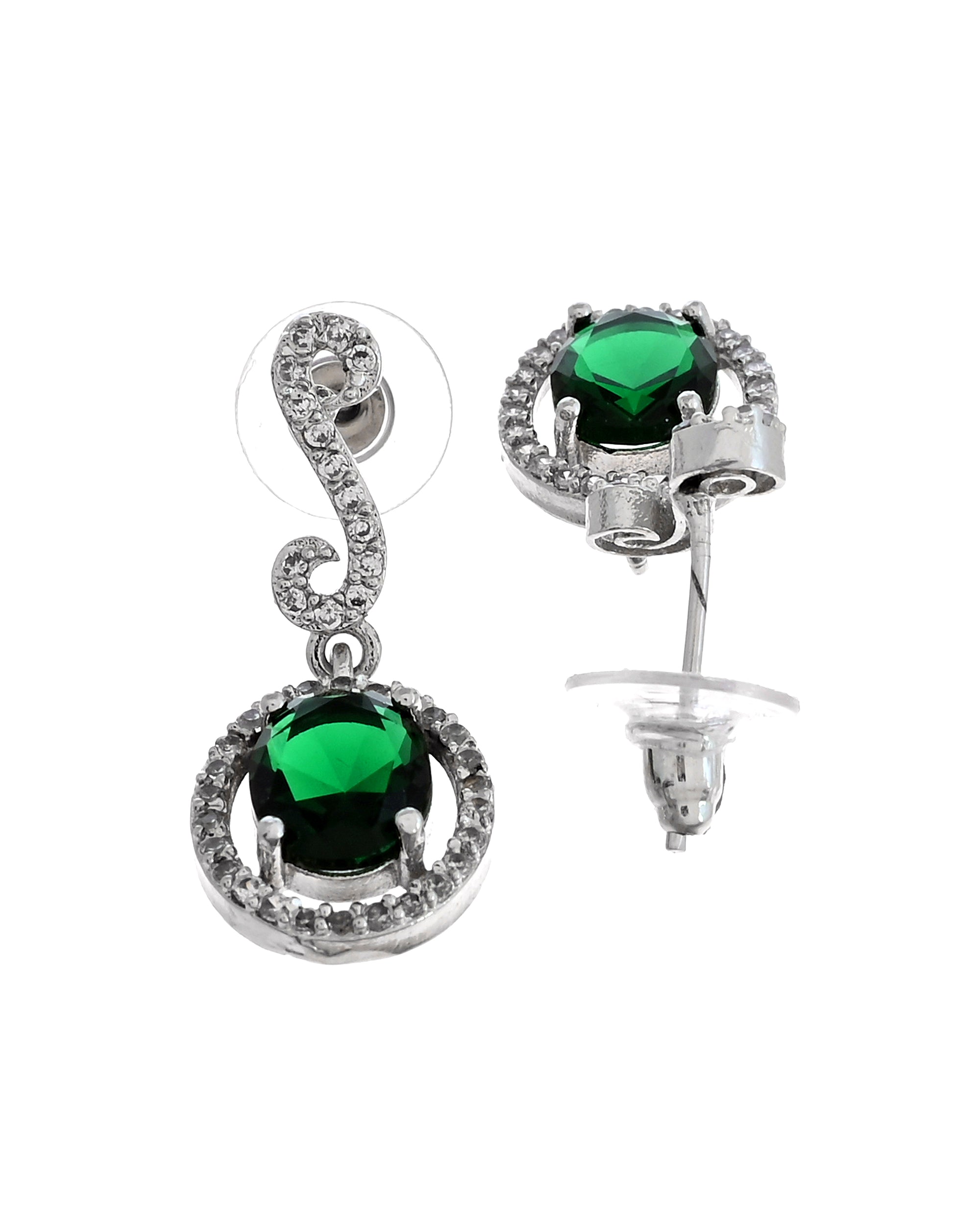 VOJ Silver Plated Oval Green Stone Studded Ad Jewellery Set | Grocsy