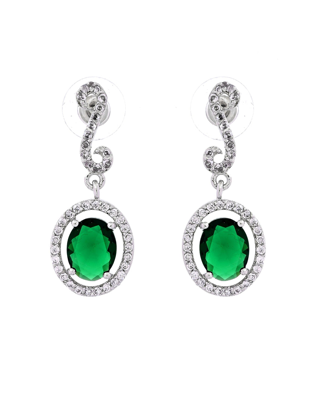 VOJ Silver Plated Oval Green Stone Studded Ad Jewellery Set | Grocsy