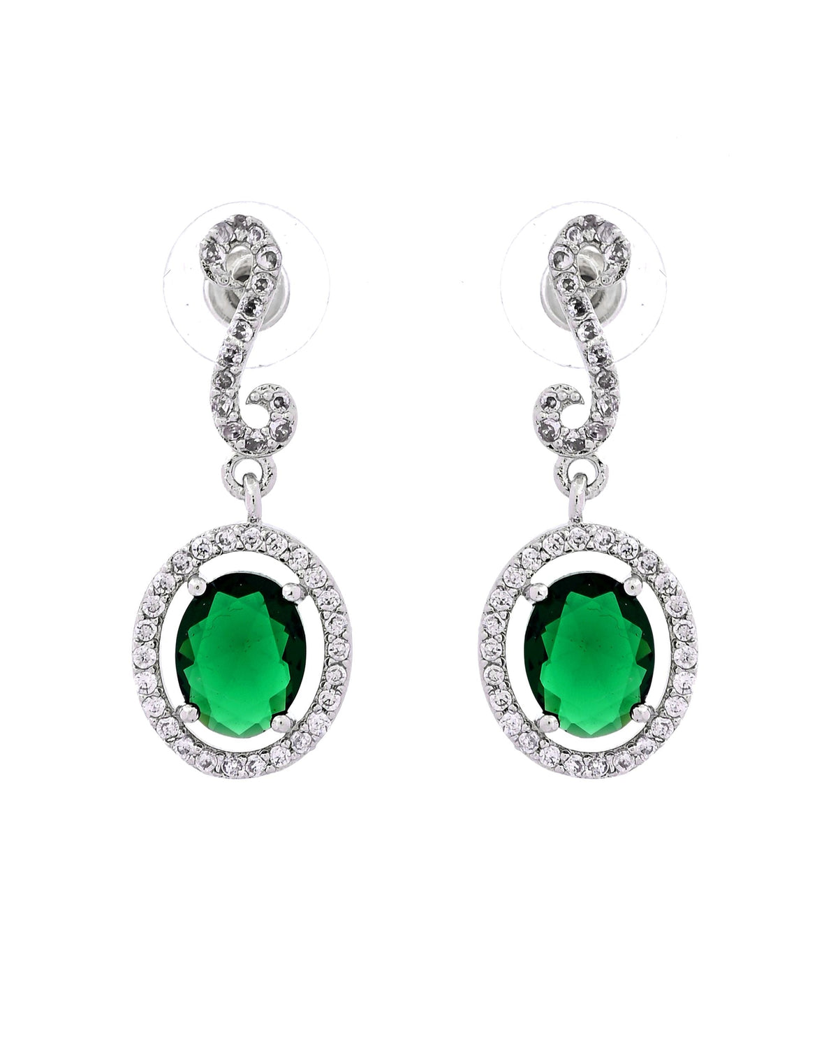 VOJ Silver Plated Oval Green Stone Studded Ad Jewellery Set | Grocsy