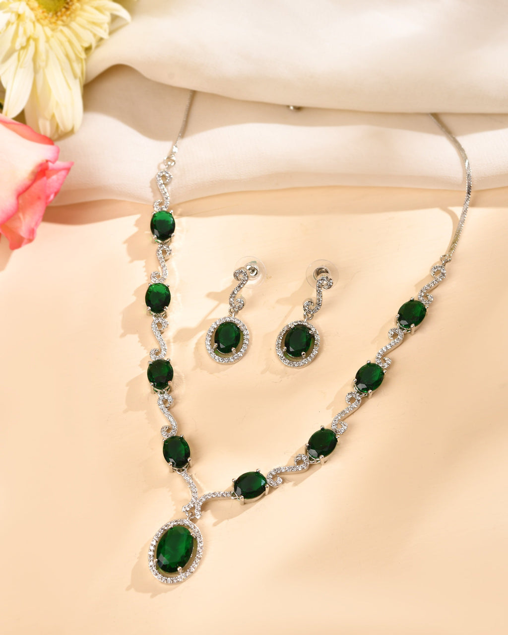 VOJ Silver Plated Oval Green Stone Studded Ad Jewellery Set | Grocsy