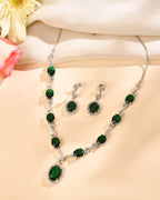 VOJ Silver Plated Oval Green Stone Studded Ad Jewellery Set | Grocsy
