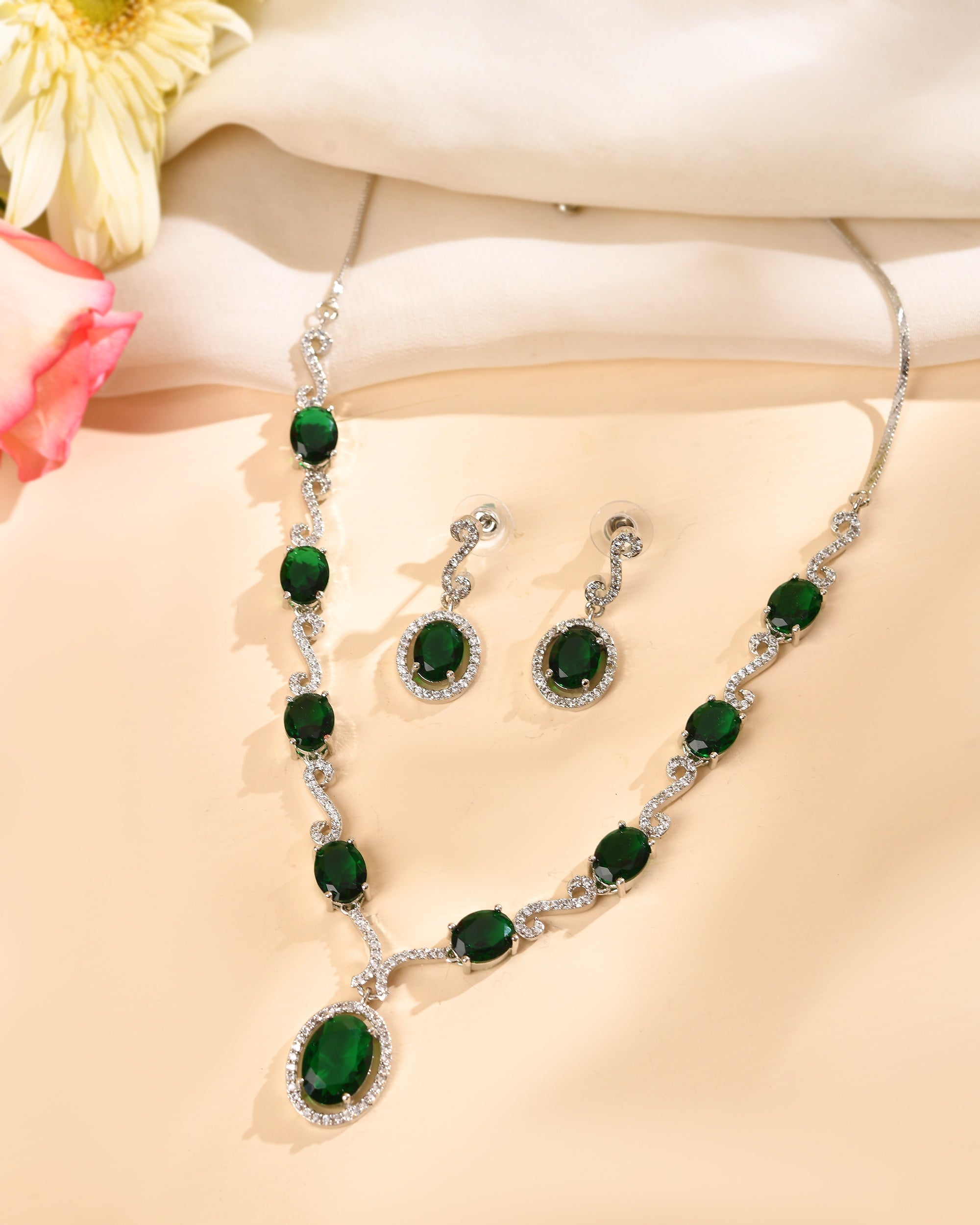 VOJ Silver Plated Oval Green Stone Studded Ad Jewellery Set | Grocsy