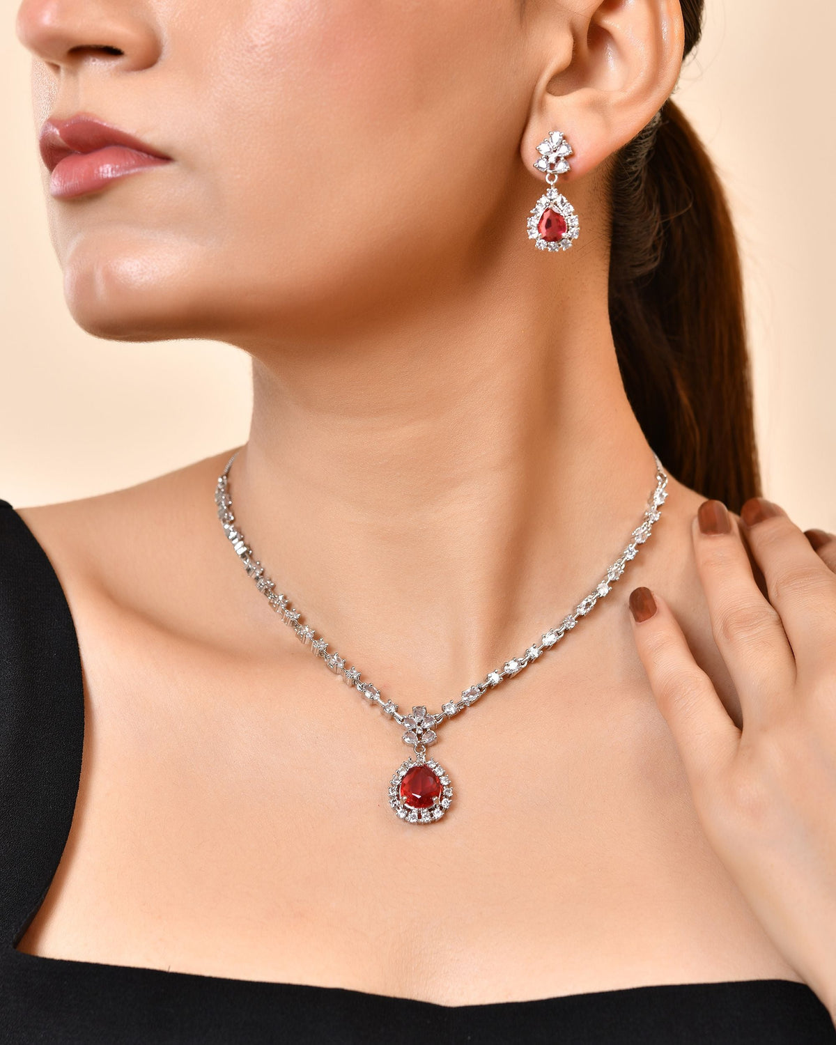 VOJ Silver Plated Pink Drop Shaped Stone With Ad Stone Simple Jewellery Set | Grocsy