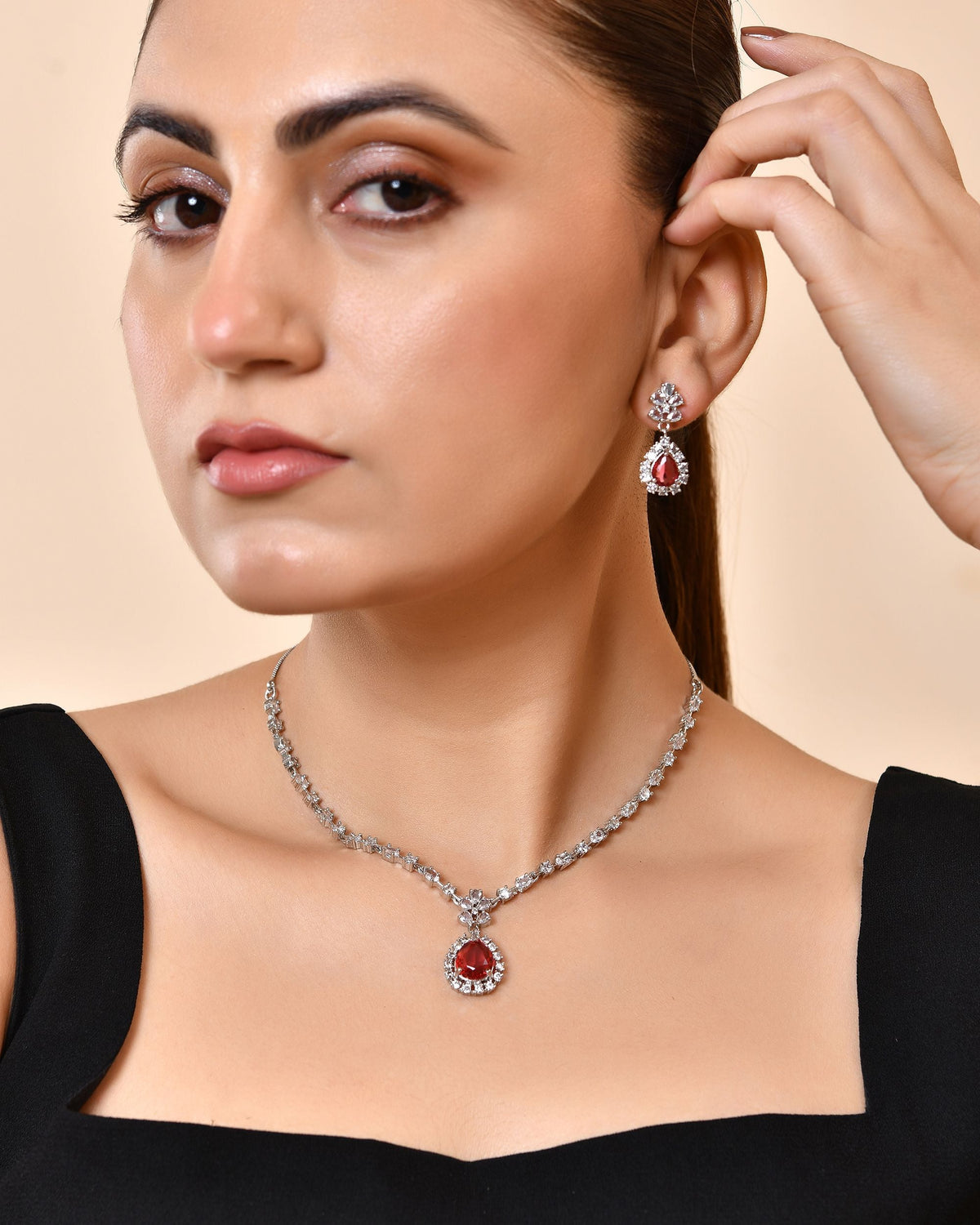 VOJ Silver Plated Pink Drop Shaped Stone With Ad Stone Simple Jewellery Set | Grocsy