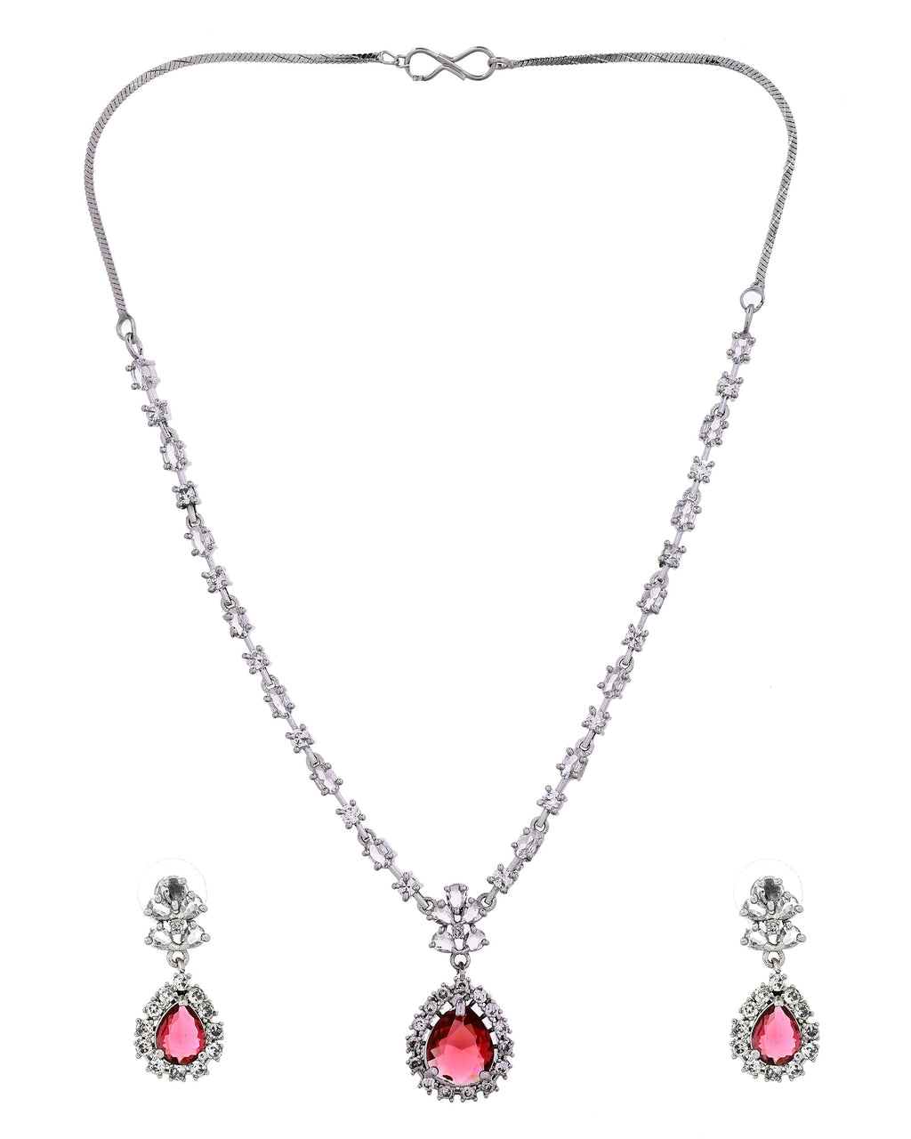VOJ Silver Plated Pink Drop Shaped Stone With Ad Stone Simple Jewellery Set | Grocsy