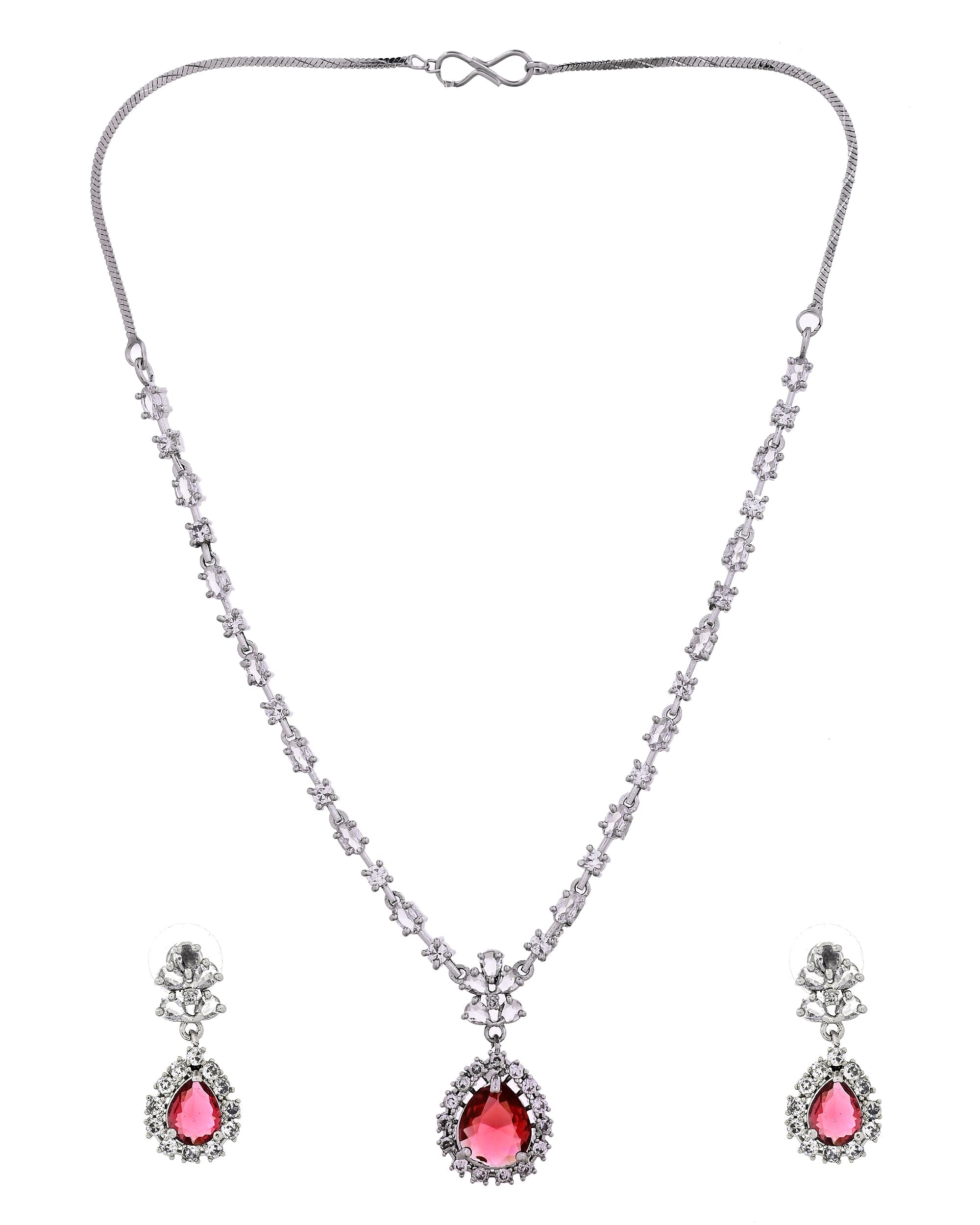 VOJ Silver Plated Pink Drop Shaped Stone With Ad Stone Simple Jewellery Set | Grocsy
