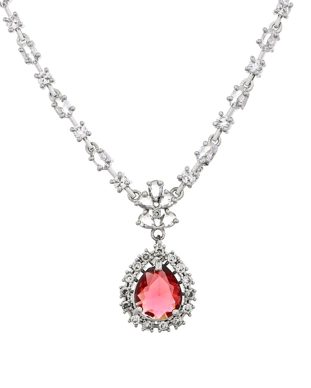 VOJ Silver Plated Pink Drop Shaped Stone With Ad Stone Simple Jewellery Set | Grocsy