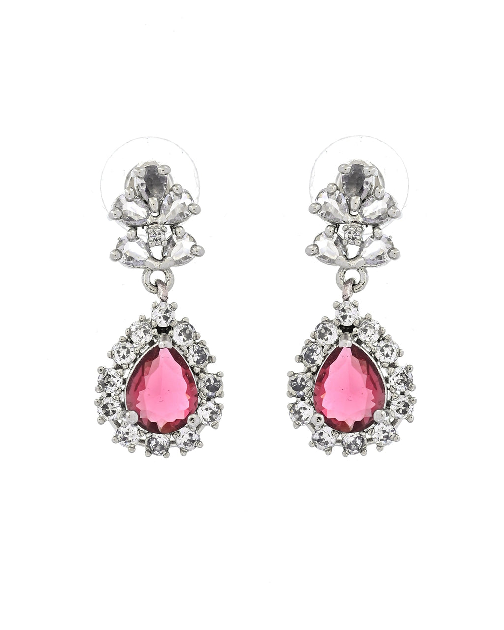 VOJ Silver Plated Pink Drop Shaped Stone With Ad Stone Simple Jewellery Set | Grocsy