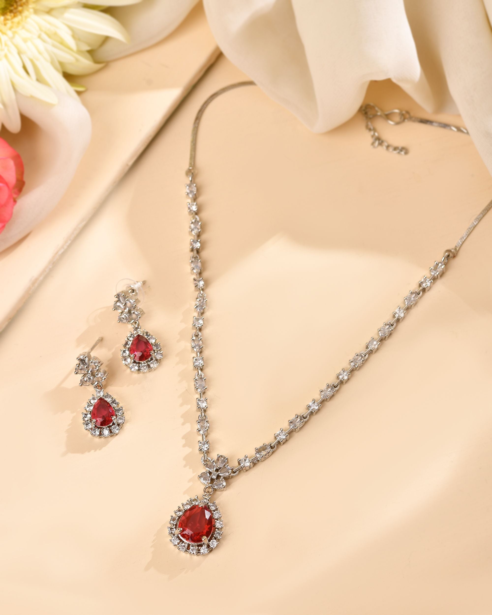 VOJ Silver Plated Pink Drop Shaped Stone With Ad Stone Simple Jewellery Set | Grocsy