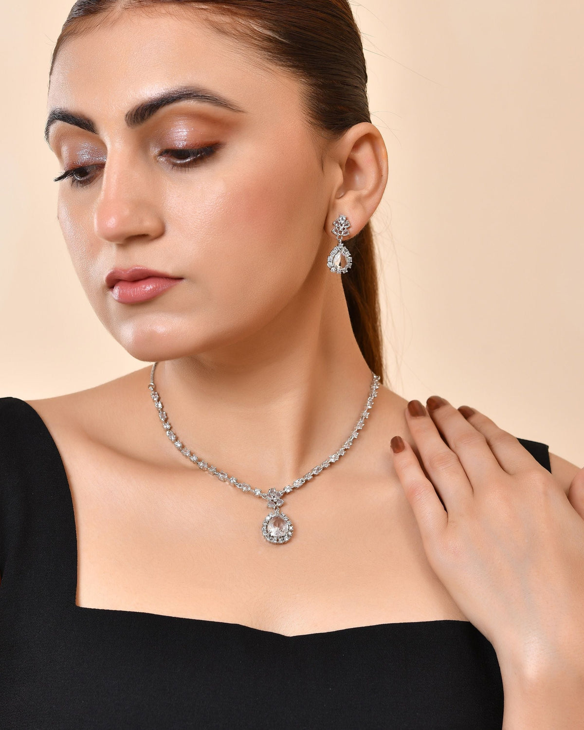 VOJ Silver Plated Drop Shaped Stone With Ad Stone Simple Jewellery Set | Grocsy