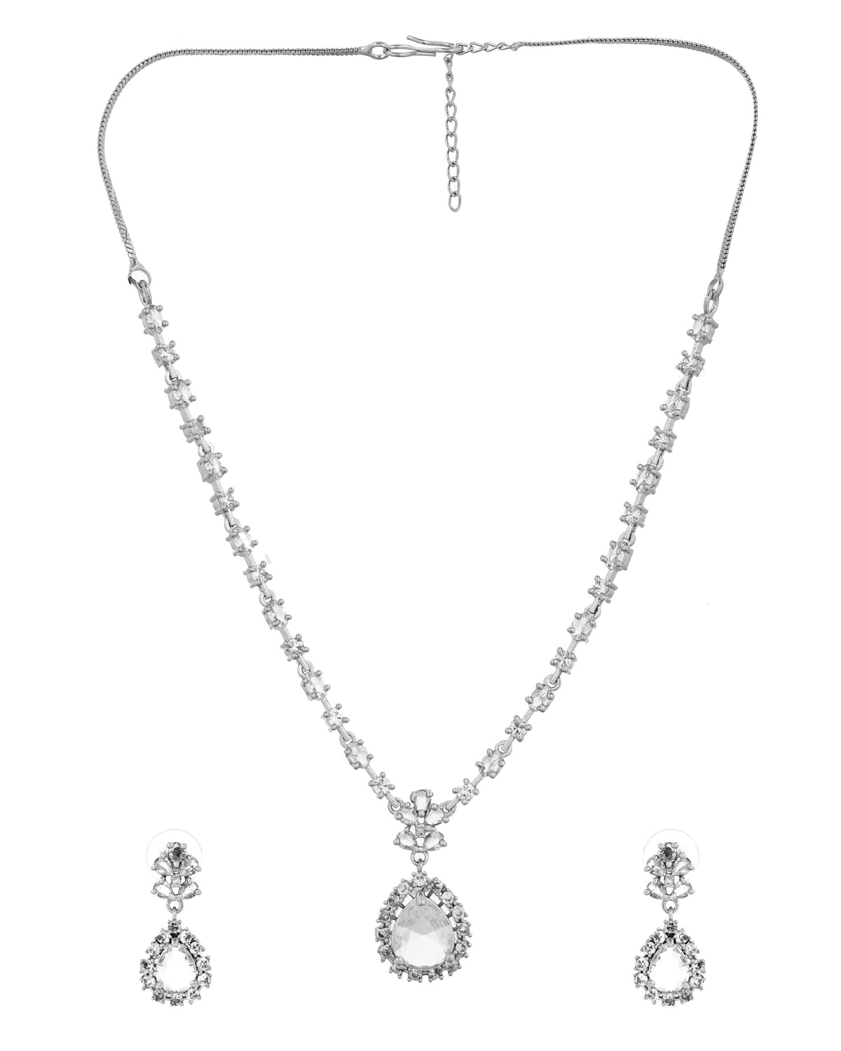 VOJ Silver Plated Drop Shaped Stone With Ad Stone Simple Jewellery Set | Grocsy