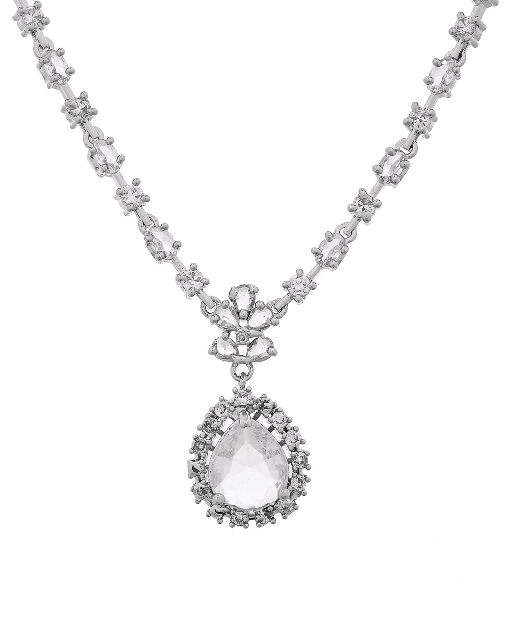 VOJ Silver Plated Drop Shaped Stone With Ad Stone Simple Jewellery Set | Grocsy