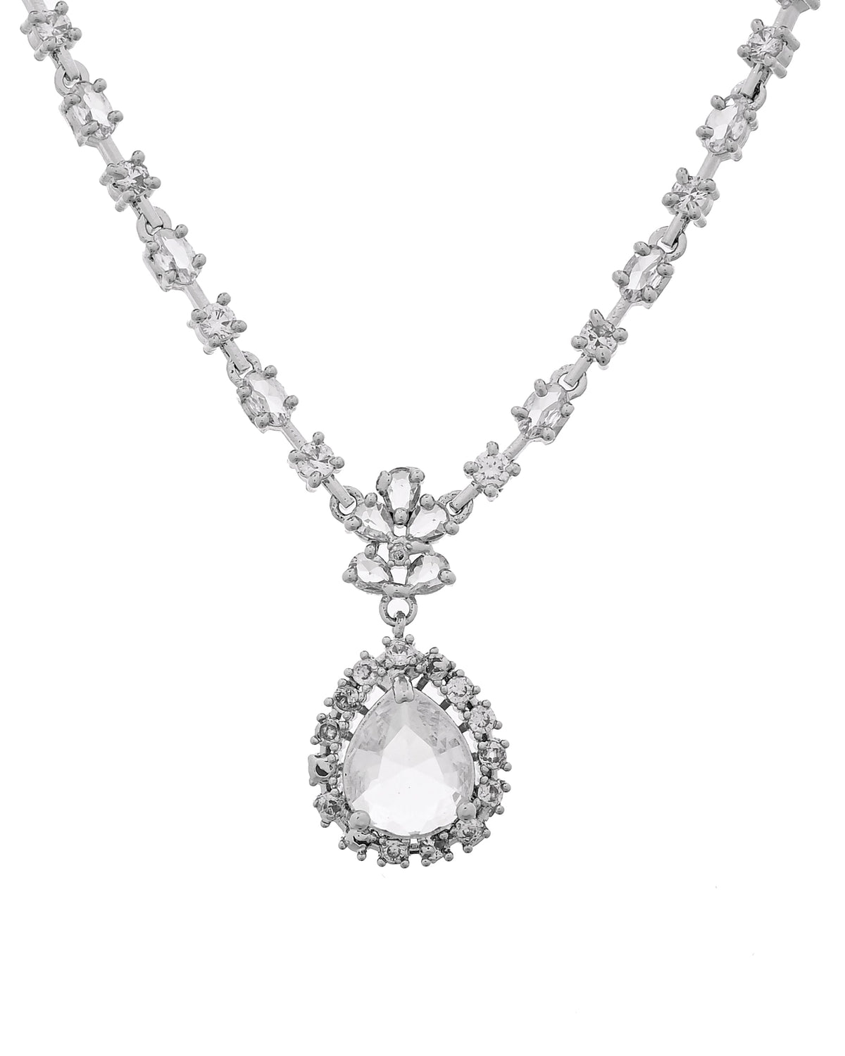 VOJ Silver Plated Drop Shaped Stone With Ad Stone Simple Jewellery Set | Grocsy