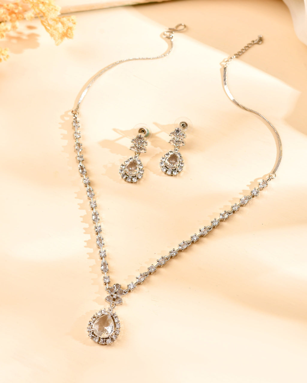VOJ Silver Plated Drop Shaped Stone With Ad Stone Simple Jewellery Set | Grocsy
