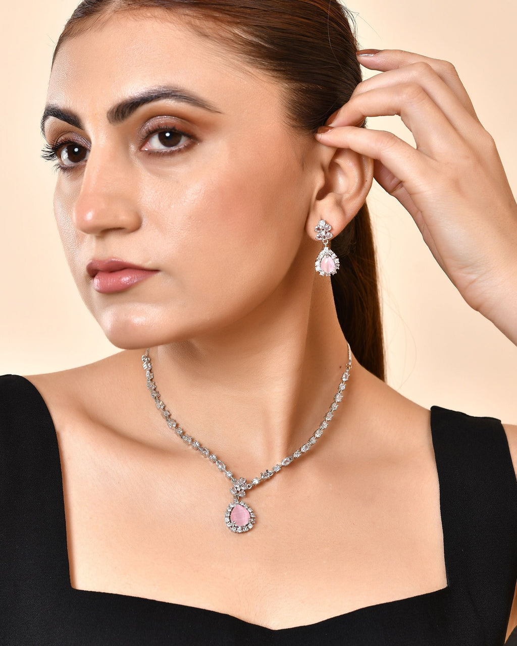 VOJ Silver Plated Baby Pink Drop Shaped Stone With Ad Stone Simple Jewellery Set | Grocsy