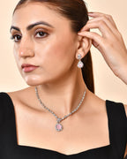 VOJ Silver Plated Baby Pink Drop Shaped Stone With Ad Stone Simple Jewellery Set | Grocsy