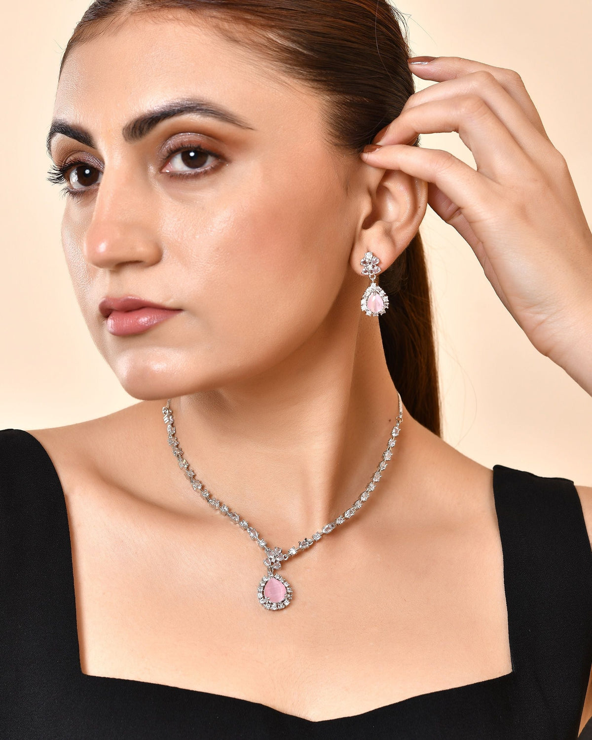 VOJ Silver Plated Baby Pink Drop Shaped Stone With Ad Stone Simple Jewellery Set | Grocsy