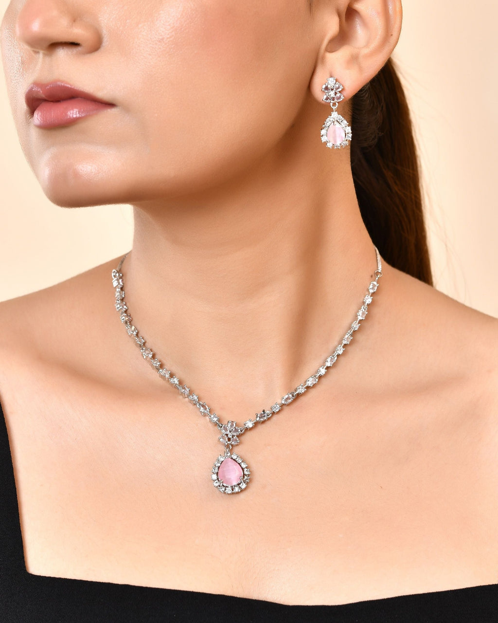 VOJ Silver Plated Baby Pink Drop Shaped Stone With Ad Stone Simple Jewellery Set | Grocsy