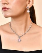 VOJ Silver Plated Baby Pink Drop Shaped Stone With Ad Stone Simple Jewellery Set | Grocsy