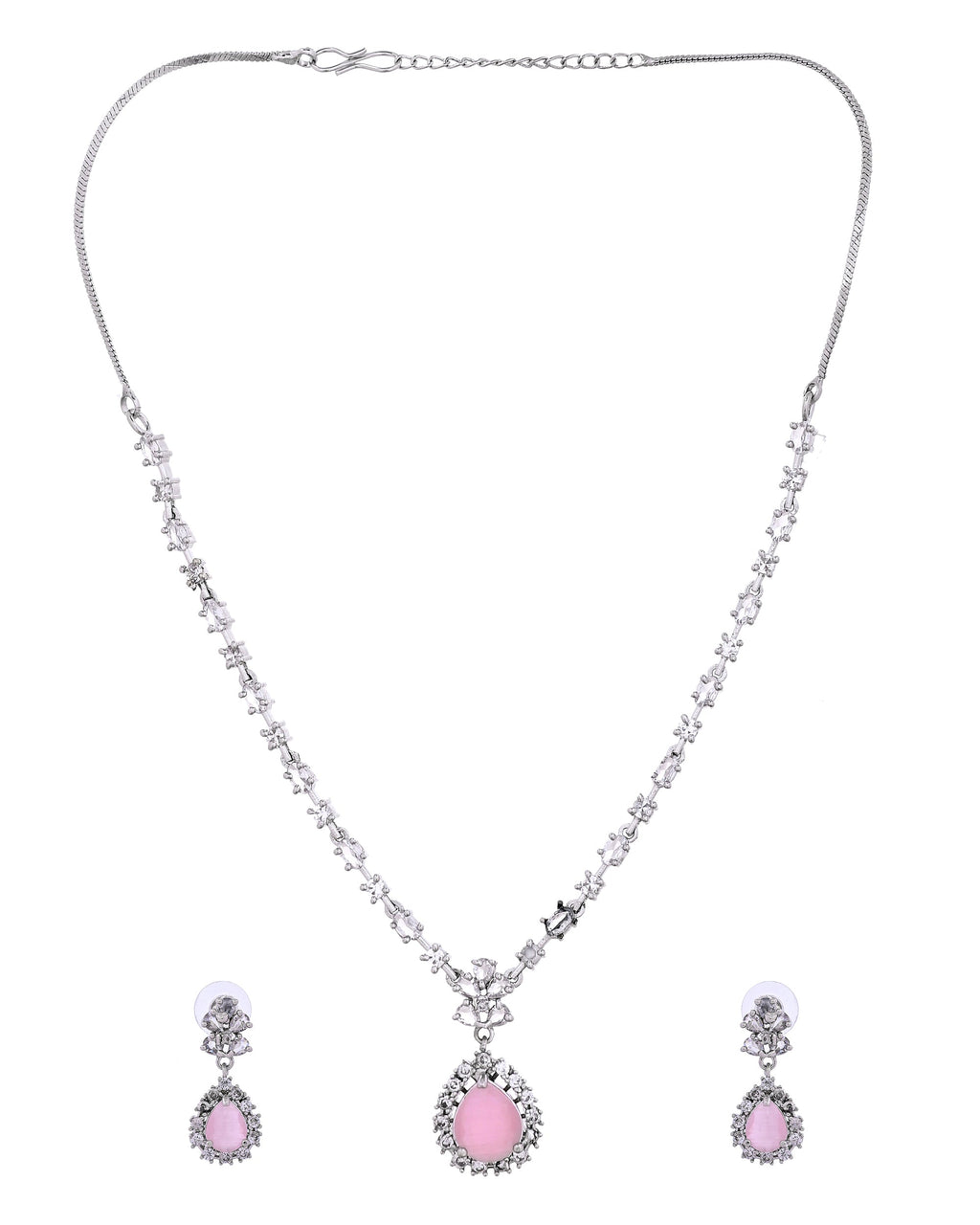 VOJ Silver Plated Baby Pink Drop Shaped Stone With Ad Stone Simple Jewellery Set | Grocsy