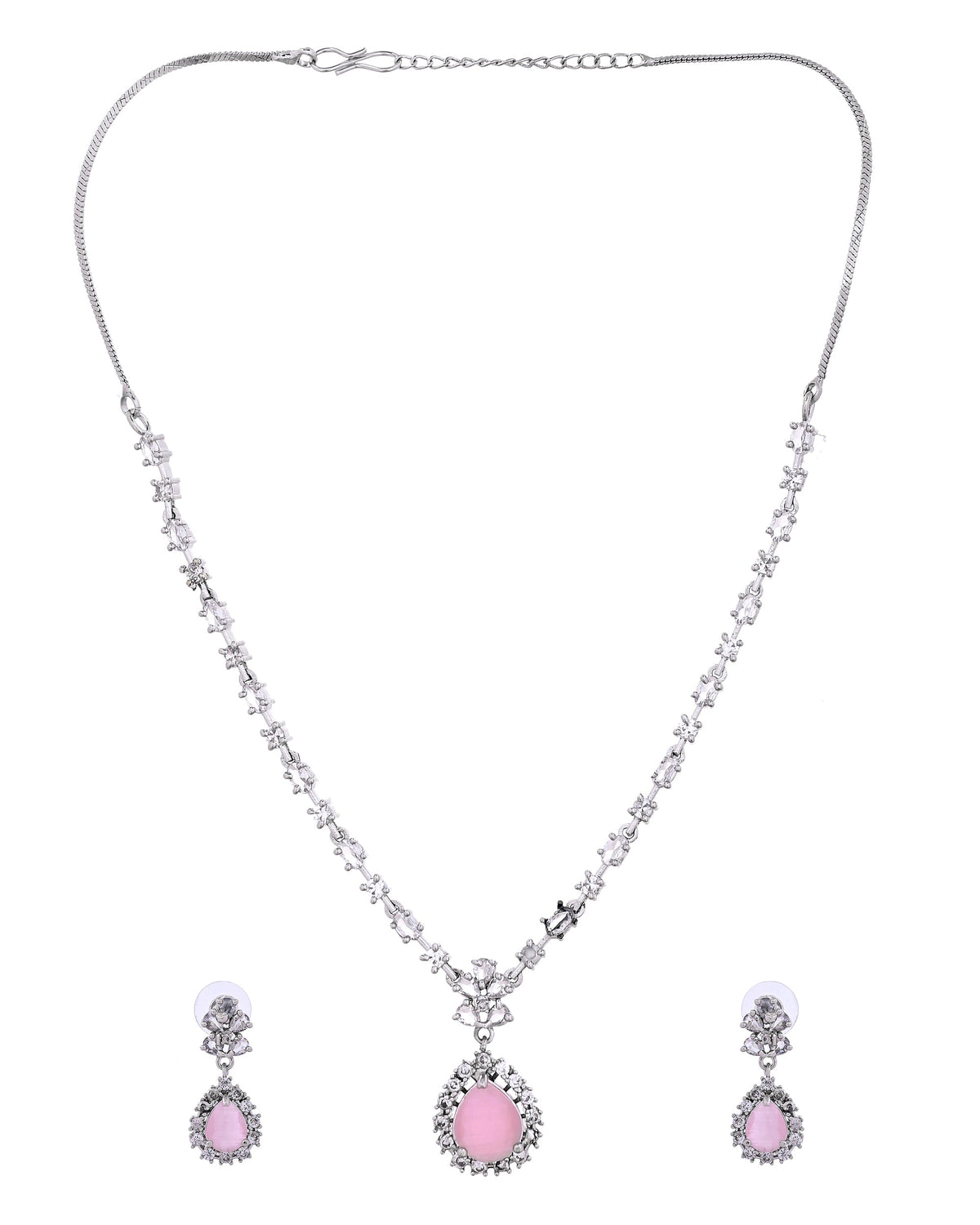 VOJ Silver Plated Baby Pink Drop Shaped Stone With Ad Stone Simple Jewellery Set | Grocsy