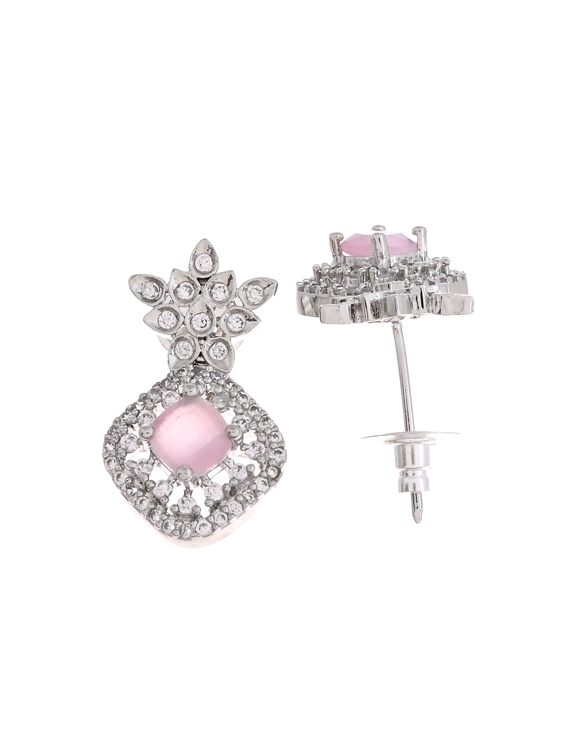 VOJ Silver Plated Baby Pink Drop Shaped Stone With Ad Stone Simple Jewellery Set | Grocsy