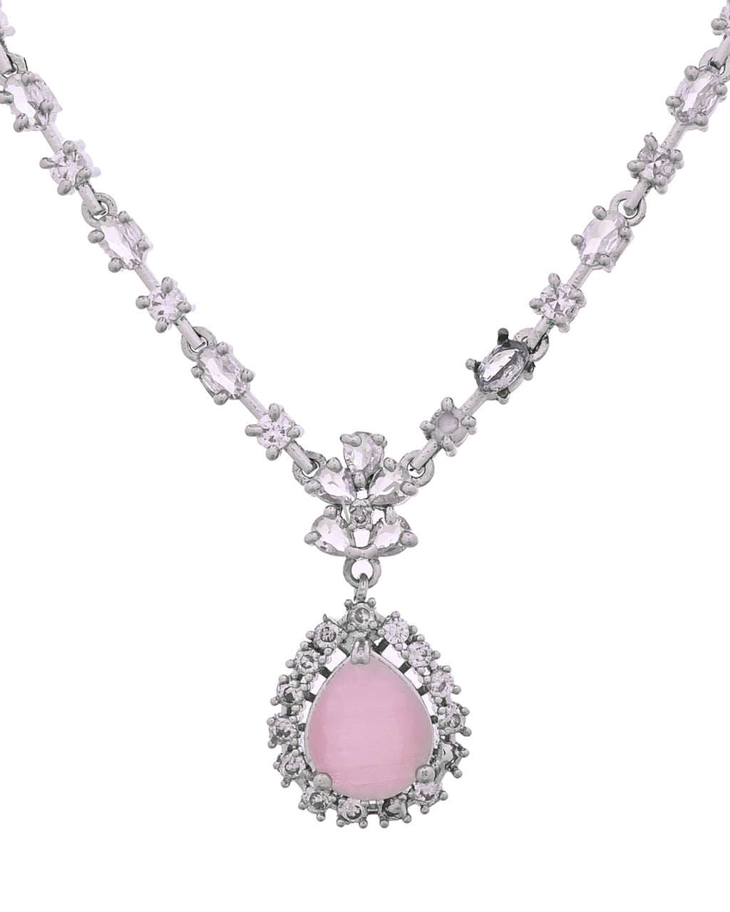 VOJ Silver Plated Baby Pink Drop Shaped Stone With Ad Stone Simple Jewellery Set | Grocsy