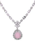VOJ Silver Plated Baby Pink Drop Shaped Stone With Ad Stone Simple Jewellery Set | Grocsy