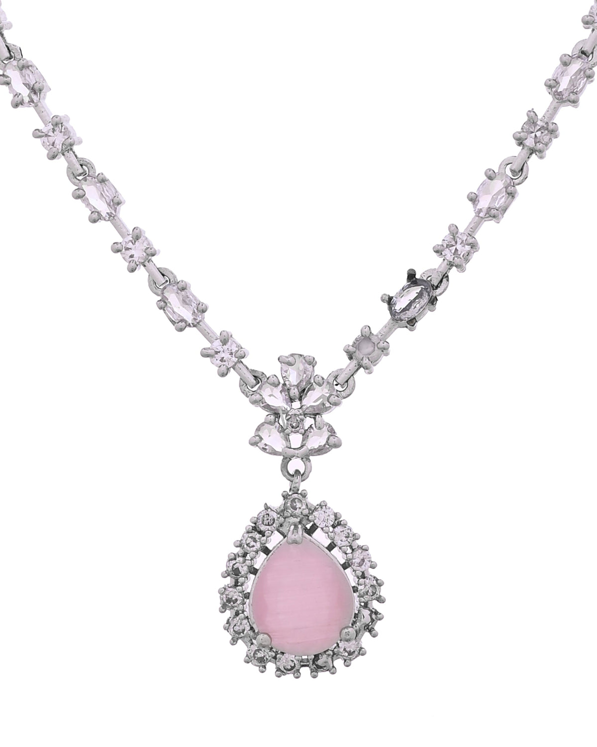 VOJ Silver Plated Baby Pink Drop Shaped Stone With Ad Stone Simple Jewellery Set | Grocsy