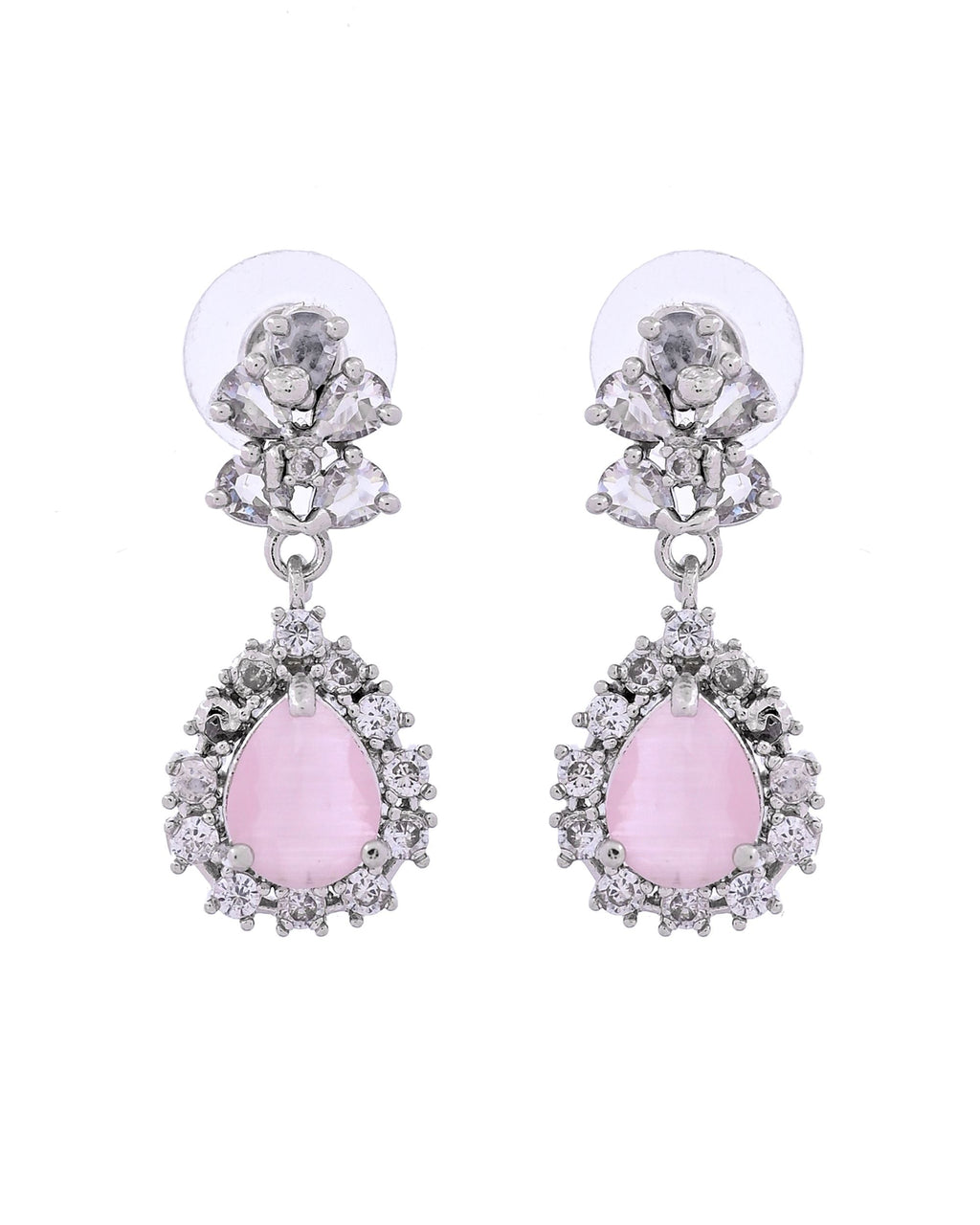 VOJ Silver Plated Baby Pink Drop Shaped Stone With Ad Stone Simple Jewellery Set | Grocsy