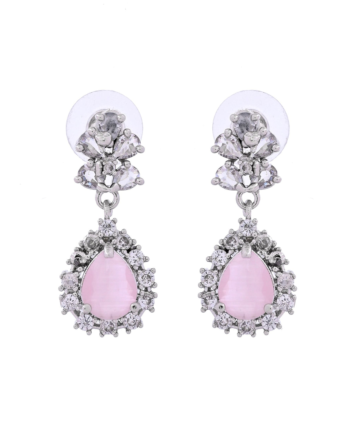 VOJ Silver Plated Baby Pink Drop Shaped Stone With Ad Stone Simple Jewellery Set | Grocsy
