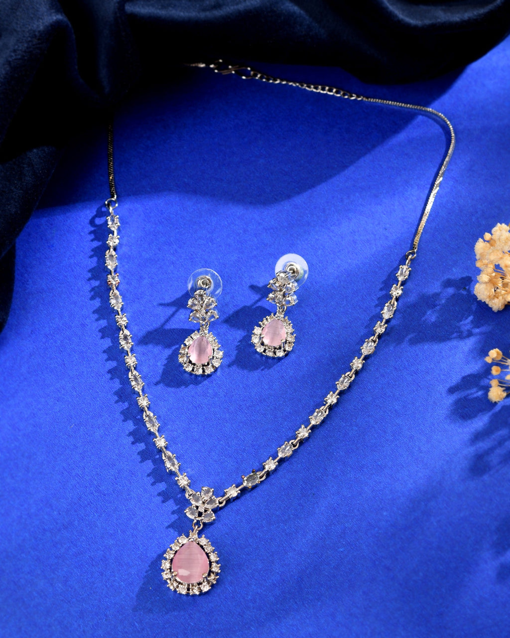 VOJ Silver Plated Baby Pink Drop Shaped Stone With Ad Stone Simple Jewellery Set | Grocsy