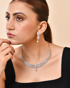 VOJ Silver Toned Sea Green Cz Stone Studded Designer Necklace Set | Grocsy