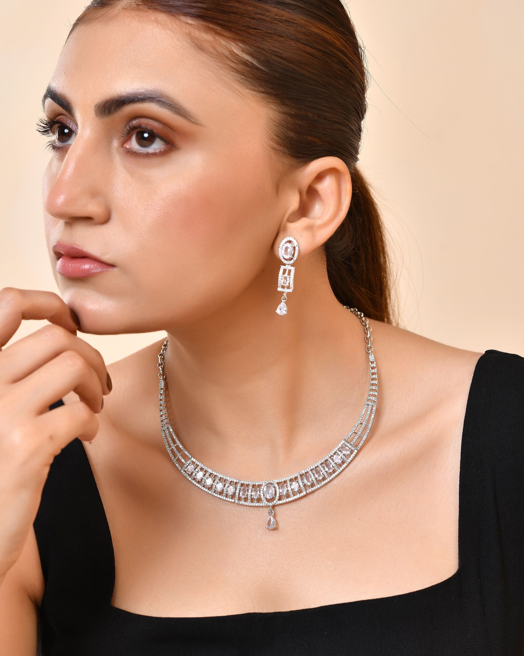 VOJ Silver Toned Sea Green Cz Stone Studded Designer Necklace Set | Grocsy