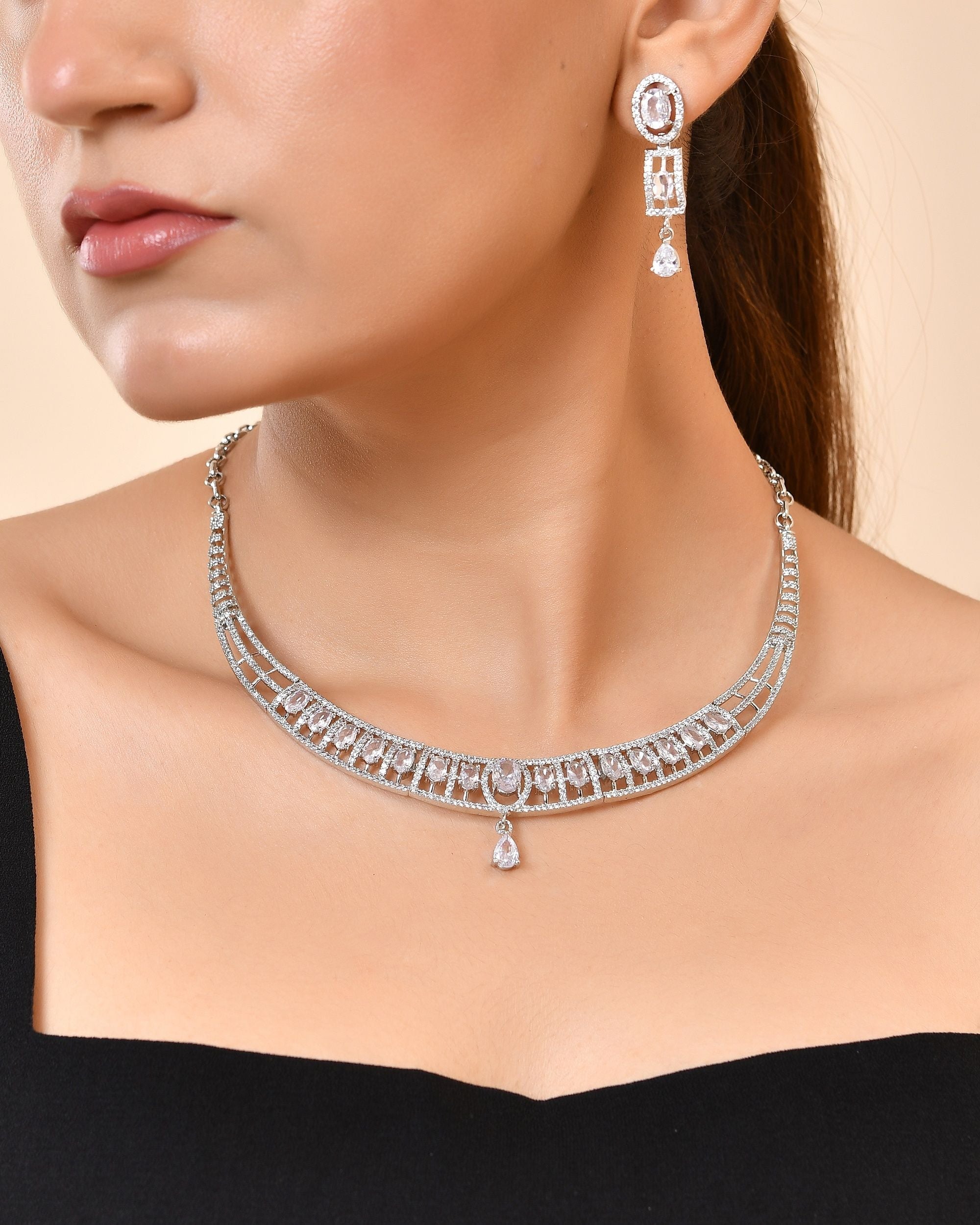 VOJ Silver Toned Sea Green Cz Stone Studded Designer Necklace Set | Grocsy